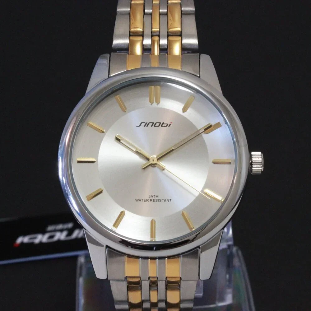 Men's Casual Watch Two Tone Silver Sunburst Dial Gold Hands, Indices 38mm